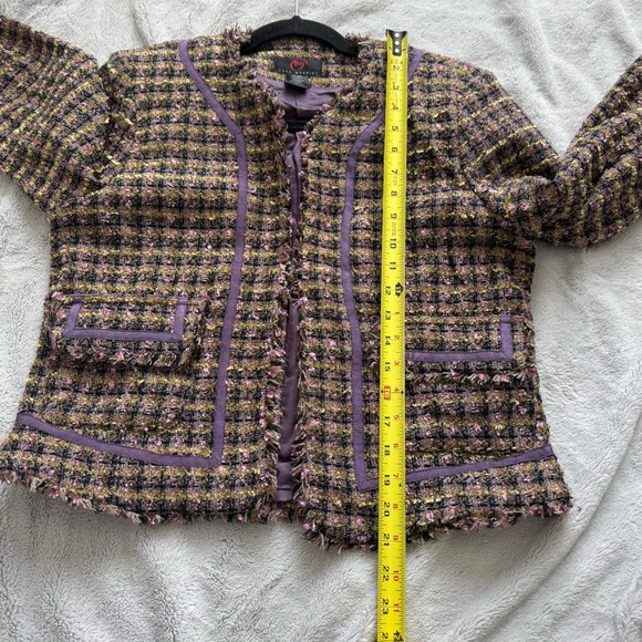 True Meaning Purple-Trim Bouclé Tweed Jacket Size L Open Front Fringe Trim‎ - Picture 5 of 8